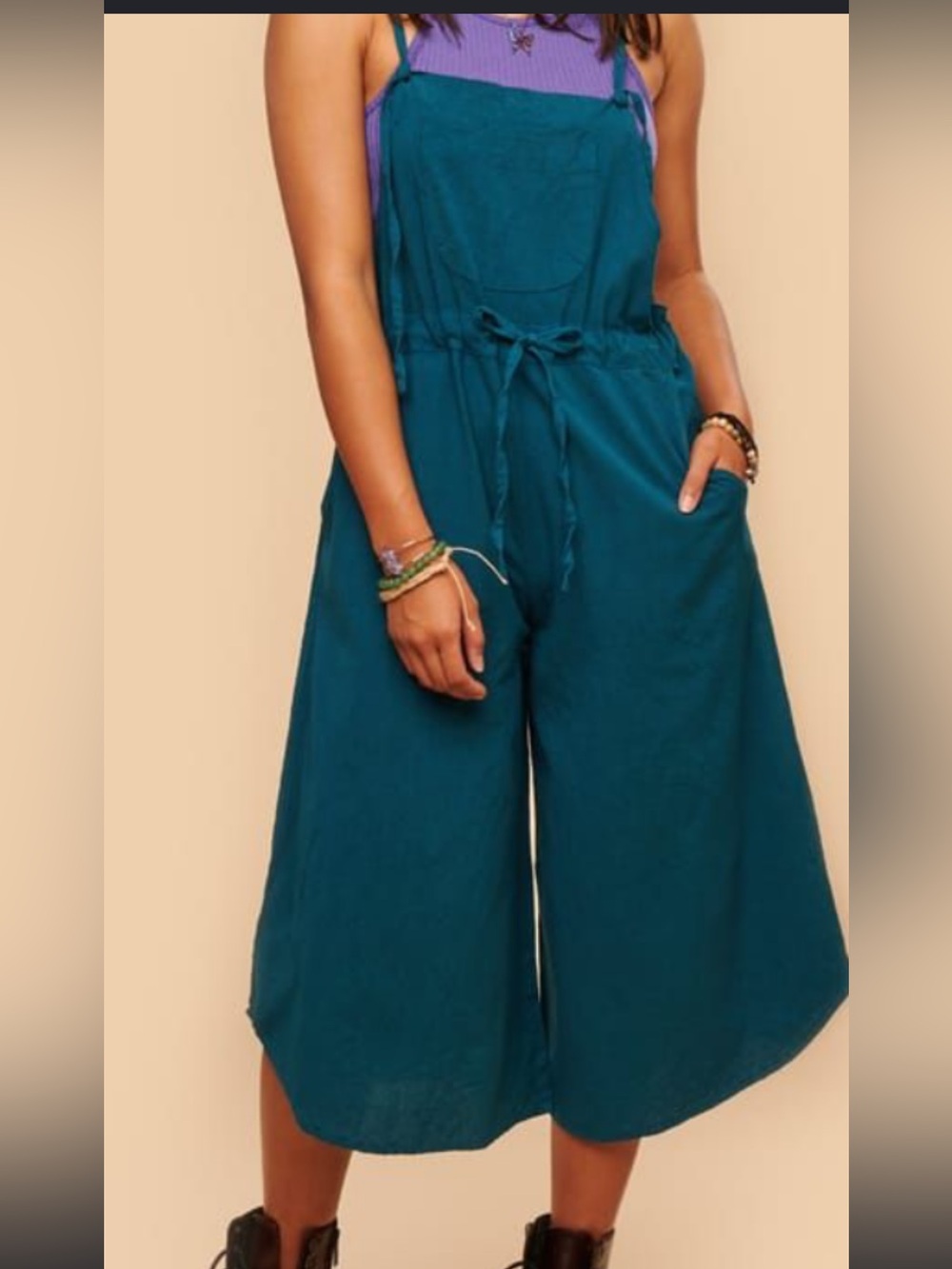 EARTHBOUND wide leg Jumpsuit teal xxl 100%cotton 50” from strap to floor